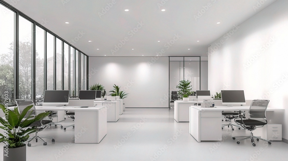 Modern Minimalist White Office Room with Natural Light and Plants Modern Minimalist White Office Room with Natural Light and Plants