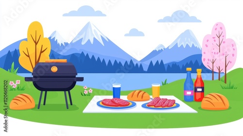 **Spring Picnic by the Lake: A Burst of Color**: A vivid illustration of a spring picnic beside a lake, featuring a pastel color scheme with blooming trees, picnic blankets, and a BBQ grill loaded photo