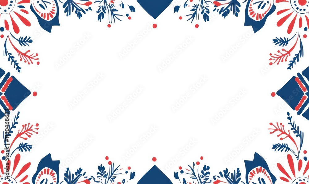 Fototapeta premium Blue and red geometric pattern frame border with a white background, flat design style symmetrical arrangement, red accent color, blue primary shape in the center of each corner Generative AI