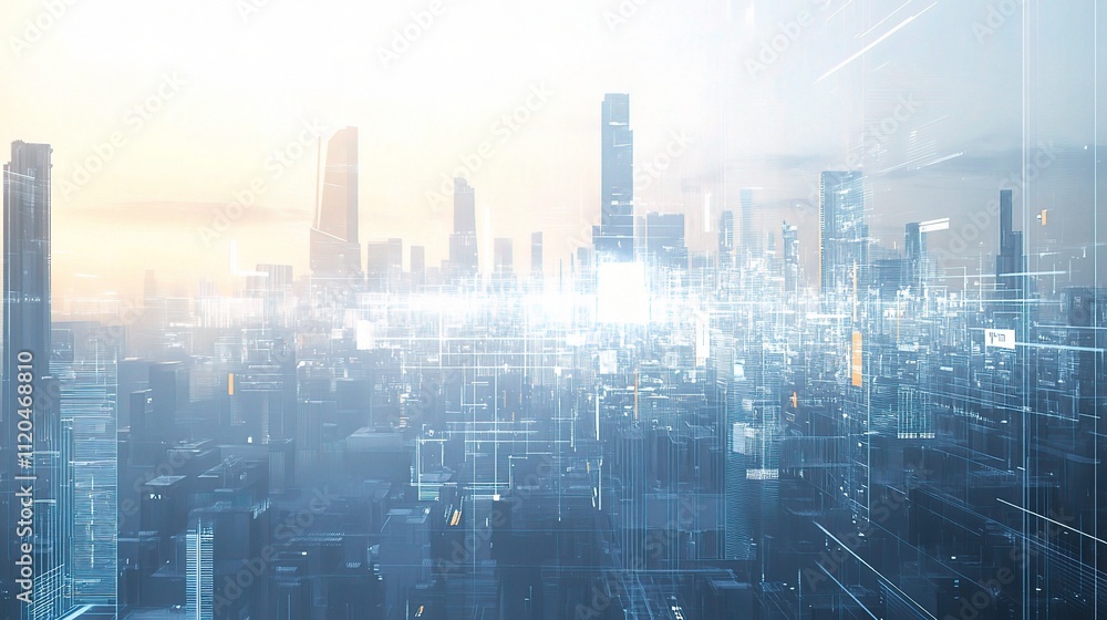 Futuristic Virtual City Skyline Concept with IoT Digital Elements Futuristic Virtual City Skyline Concept with IoT Digital Elements