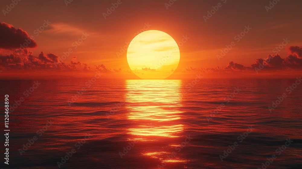 A large sun is reflected in the water of the ocean A large sun is reflected in the water of the ocean
