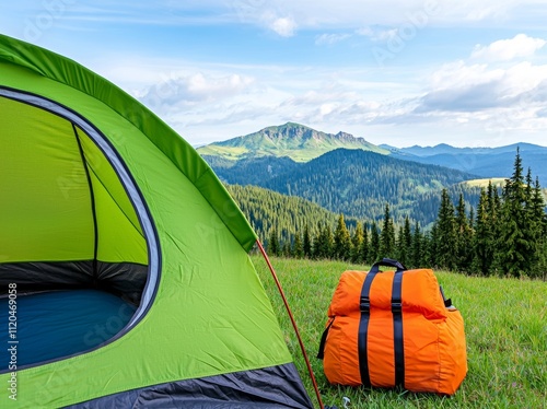 Summer evening view of the mountains from a tent in Poland.