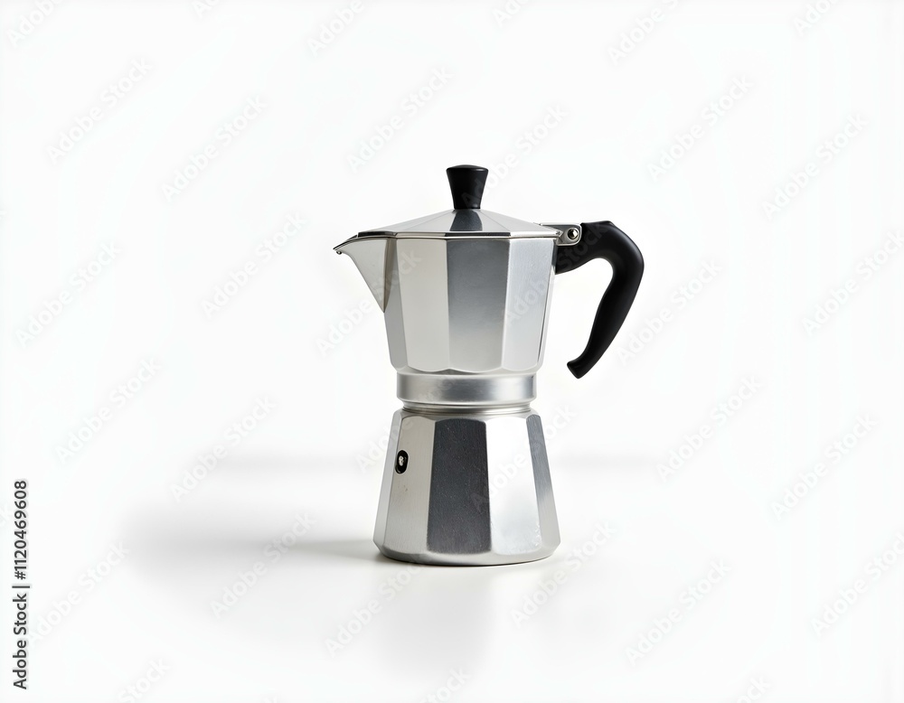Side view of stovetop moka pot coffee maker isolated on white Side view of stovetop moka pot coffee maker isolated on white