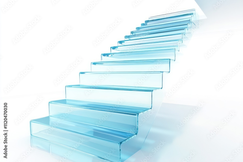 Transparent staircase leading upwards against a white background, symbolizing success and growth Transparent staircase leading upwards against a white background, symbolizing success and growth