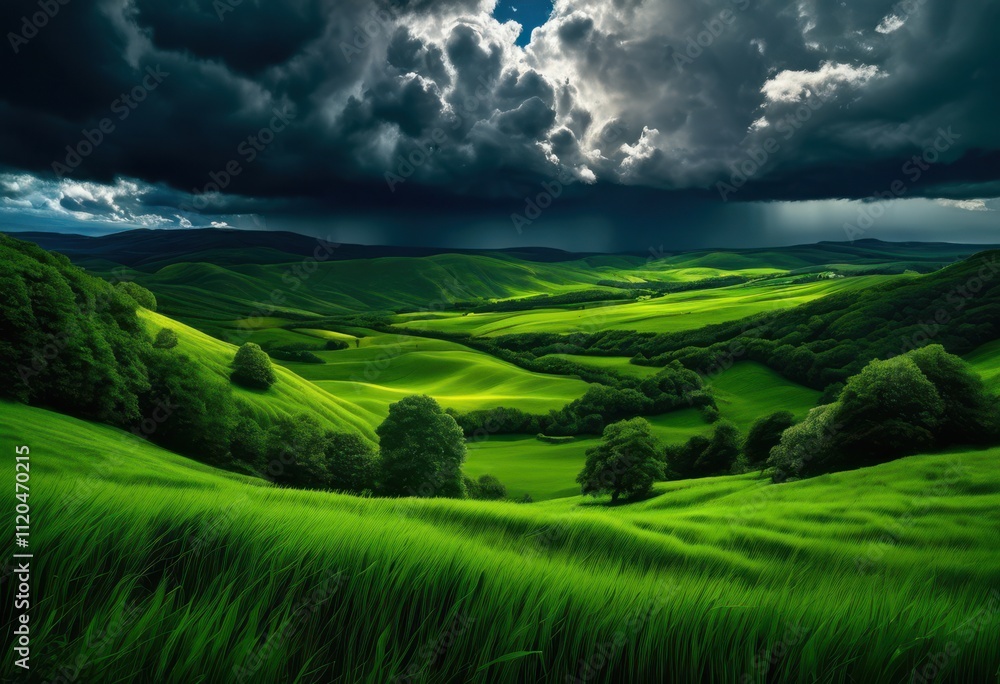 Obraz premium breathtaking landscapes showcasing vibrant storm clouds overlooking lush fields rolling hills under dramatic sky, atmosphere, beautiful, brightness