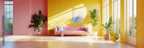 Bright living room with colorful walls and pink sofa, modern decor
