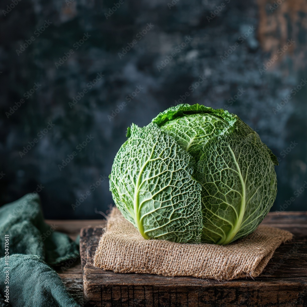 Obraz premium Fresh green cabbage sits on a rustic wooden table, showcasing its textured leaves against a dark backdrop, Ideal for culinary blogs, health-related content, or farm-to-table themes,