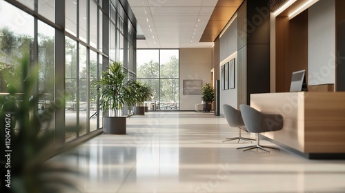 Spacious Modern Office Hallway with Natural Light and Greenery