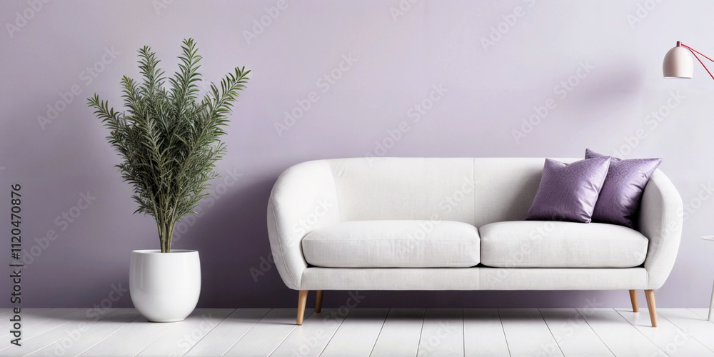 A minimalist living room featuring a white sofa with lavender accent pillows and a potted green plant, creating a calming and stylish space. Perfect for interior design inspiration. A minimalist living room featuring a white sofa with lavender accent pillows and a potted green plant, creating a calming and stylish space. Perfect for interior design inspiration.