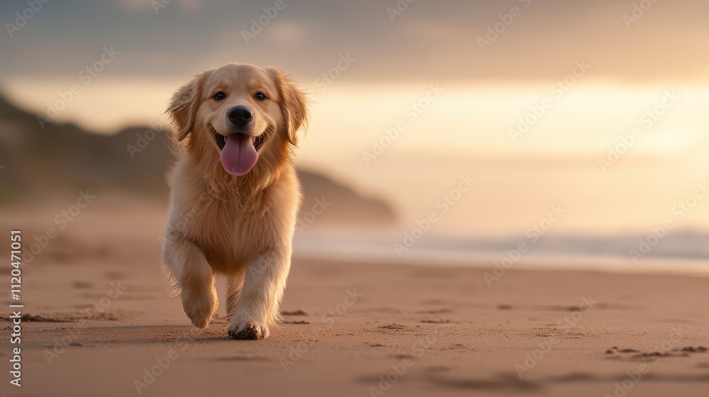 A joyful golden retriever runs along a sandy beach during sunset, showcasing an atmosphere of happiness and freedom, This image is ideal for pet-related promotions, blogs, and lifestyle articles, A joyful golden retriever runs along a sandy beach during sunset, showcasing an atmosphere of happiness and freedom, This image is ideal for pet-related promotions, blogs, and lifestyle articles,