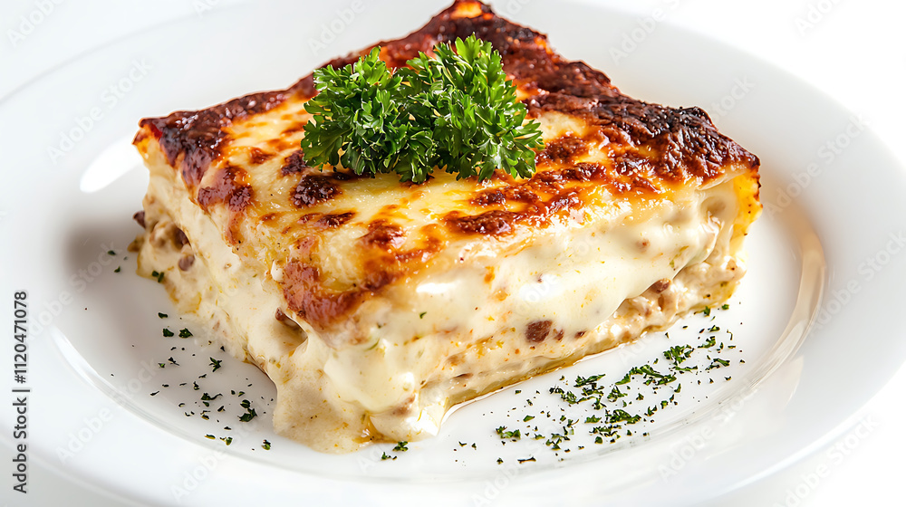 Delicious lasagna with layers of meat, cheese, and creamy sauce, garnished with fresh parsley. comforting dish perfect for any meal Delicious lasagna with layers of meat, cheese, and creamy sauce, garnished with fresh parsley. comforting dish perfect for any meal