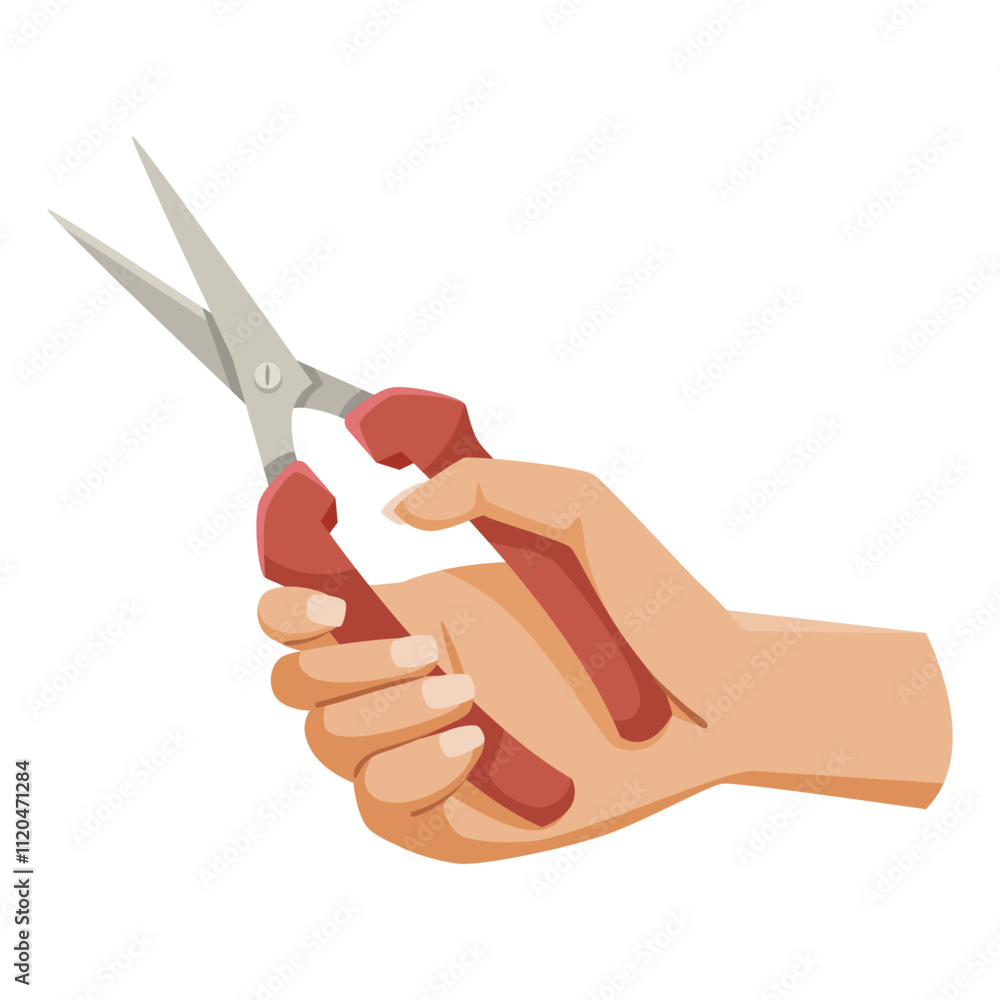 Hand gripping red-handled scissors, minimalistic flat art style, isolated on white background. Concept of tools and practical use. Vector illustration. Hand gripping red-handled scissors, minimalistic flat art style, isolated on white background. Concept of tools and practical use. Vector illustration.