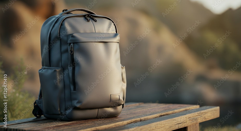 A plain tech backpack packaging mock-up, placed on a traveler’s bench 3d illustration brand mock-up template. A plain tech backpack packaging mock-up, placed on a traveler’s bench 3d illustration brand mock-up template.