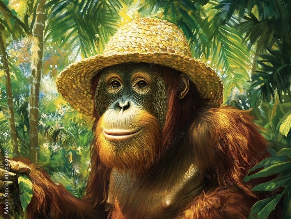 Obraz premium A realistic depiction of an orangutan walking through a lush, green forest, wearing a straw hat