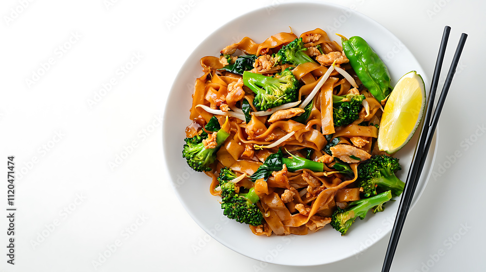 Delicious stir fried noodles with chicken, broccoli, and lime, served with chopsticks. This vibrant dish showcases mix of flavors and textures, perfect for any meal Delicious stir fried noodles with chicken, broccoli, and lime, served with chopsticks. This vibrant dish showcases mix of flavors and textures, perfect for any meal