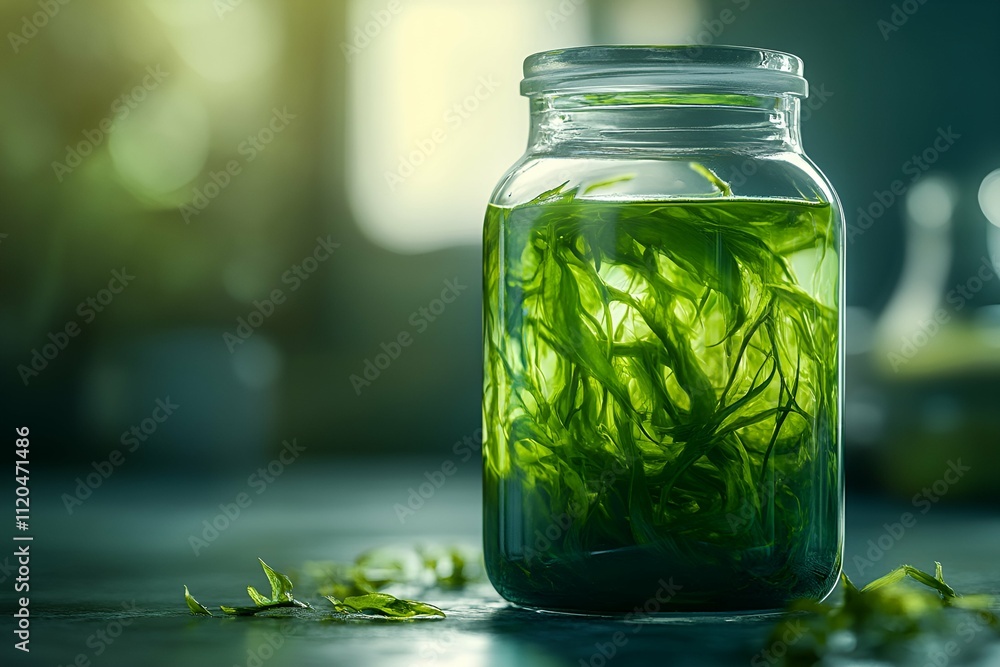 A glass jar with vibrant green liquid and seaweed illuminated by soft natural light, creating a tranquil and organic visual A glass jar with vibrant green liquid and seaweed illuminated by soft natural light, creating a tranquil and organic visual