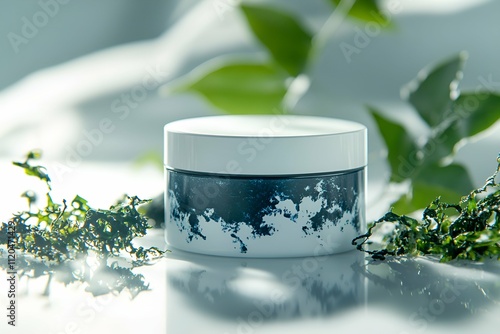 Natural cosmetic jar with seaweed extract and organic design, placed among green leaves and seaweed, illuminated by soft natural light photo