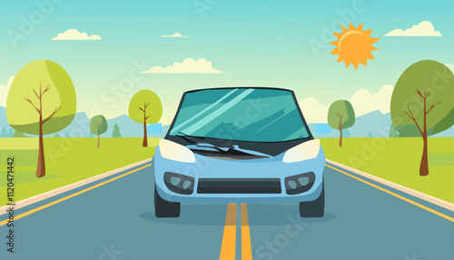 A beautiful blue car gracefully glides along a winding road, basking in the warm sunlight and thoroughly enjoying the delightful weather on its scenic journey