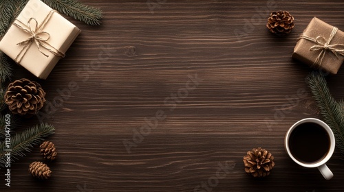 A cozy holiday arrangement featuring wrapped gifts, pinecones, and a cup of coffee on a wooden surface, perfect for creating festive content, seasonal promotions, or holiday-themed designs,