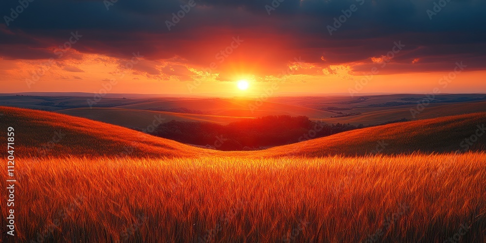 Sunset Over Rolling Hills with a Field of Wheat in the Foreground Sunset Over Rolling Hills with a Field of Wheat in the Foreground
