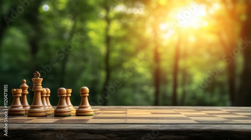 A close-up view of wooden chess pieces on a chessboard with a blurred forest background illuminated by sunlight, perfect for themes of strategy, competition, leisure photo