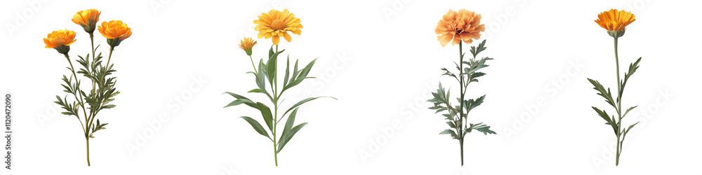 Marigold isolated on transparent background, Set of Marigold isolated on transparent background, Set of