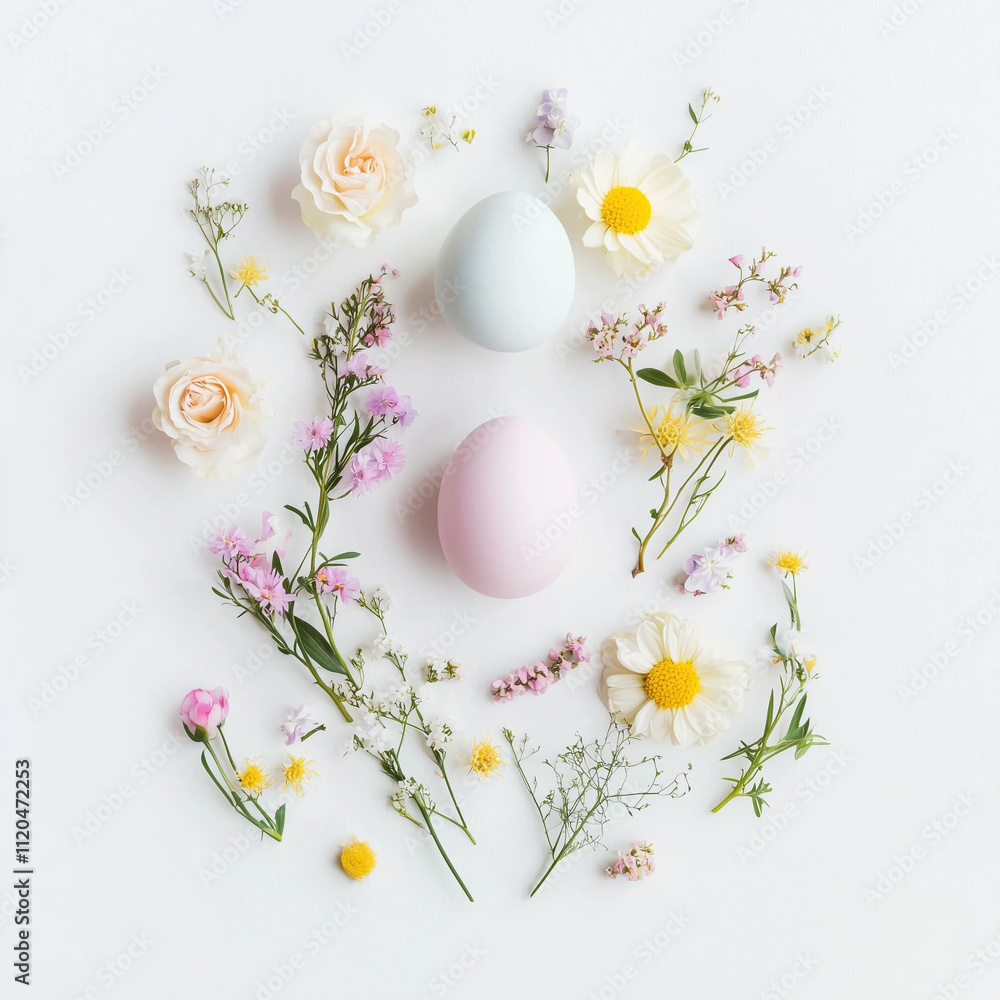Flowers in Soft Pastel Colors Arranged as an Easter Egg on White Background Flowers in Soft Pastel Colors Arranged as an Easter Egg on White Background