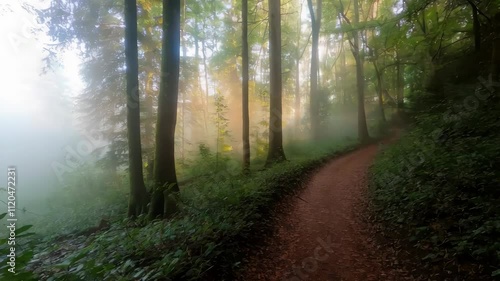 Misty forest trail transitioning from dawn to daylight with soft fog photo