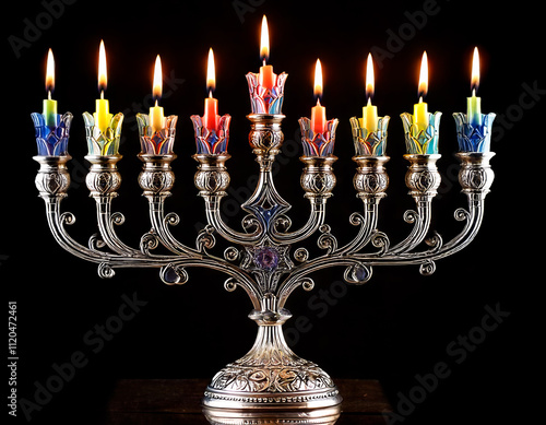 antique menorah with nine candles burning brightly, festive Hanukkah glow photo