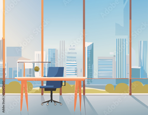 A Contemporary Modern Office Workspace Featuring an Impressive City View from its Windows a