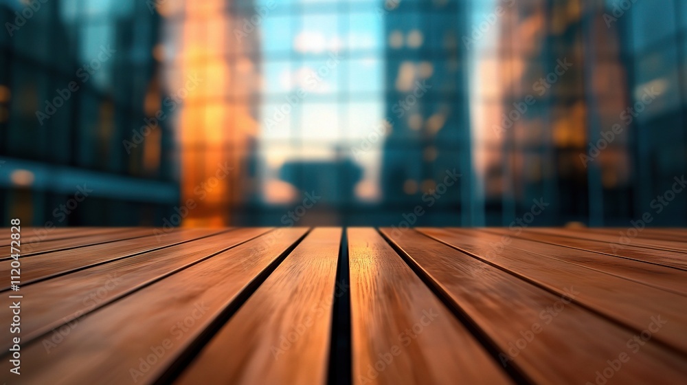 Wooden Table Surface in Modern Office Building with Abstract Background Wooden Table Surface in Modern Office Building with Abstract Background