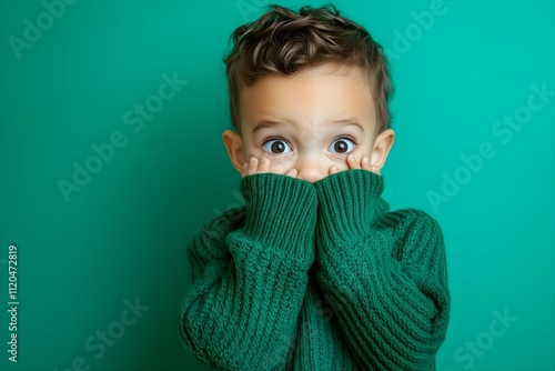 horizontal portrait of surprised child in green sweater covering face against turquoise background, genuine emotion and childhood concept photo