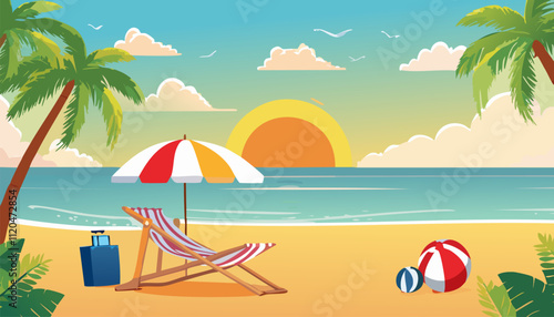 On the serene beach, two cozy and comfortable lounge chairs are positioned beneath a large umbrella, providing ample shade from the bright sun above