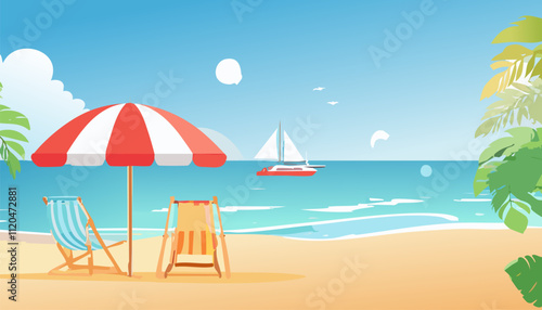 On the serene beach, two cozy and comfortable lounge chairs are positioned beneath a large umbrella, providing ample shade from the bright sun above