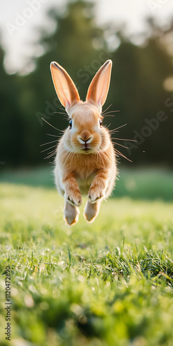 Coelhinho pulando em um prado verdejante.
