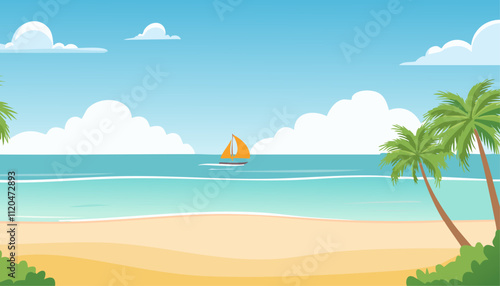 This is a beautifully crafted pixel art illustration depicting a serene beach, complete with tall palm trees, colorful chairs, and a truly stunning coastline