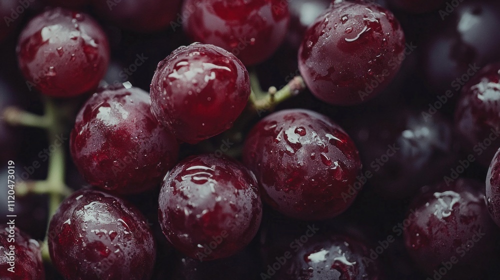 Sweet red grapes cluster together, their rich color accentuated by droplets of rainwater. This close-up captures the essence of freshness and organic beauty in nature's bounty Sweet red grapes cluster together, their rich color accentuated by droplets of rainwater. This close-up captures the essence of freshness and organic beauty in nature's bounty