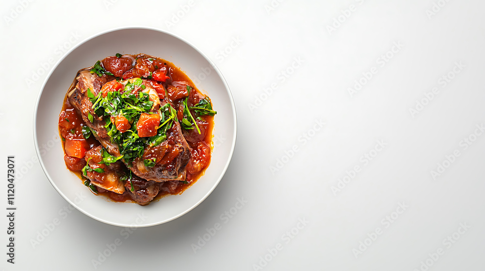 delicious Italian osso buco featuring braised veal shank topped with fresh tomatoes and greens, served in white bowl against minimalist background delicious Italian osso buco featuring braised veal shank topped with fresh tomatoes and greens, served in white bowl against minimalist background