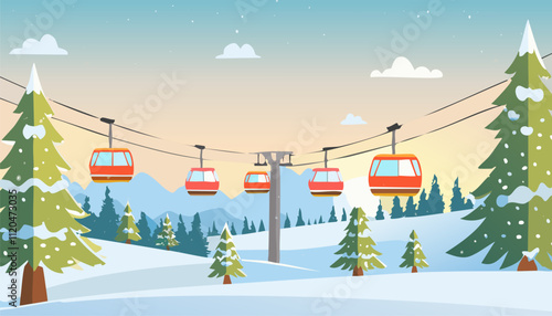 This is a pixel art illustration that features a charming ski lift set against a picturesque backdrop of mountains, showcasing winter sports fun
