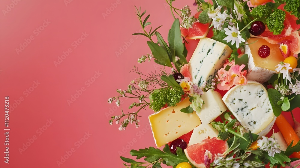 Naklejka premium Assorted Cheeses and Flowers on Pink Background