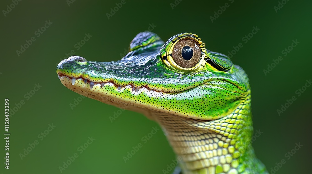 Young Spectacled Caiman Portrait, Vibrant Green Scales Young Spectacled Caiman Portrait, Vibrant Green Scales