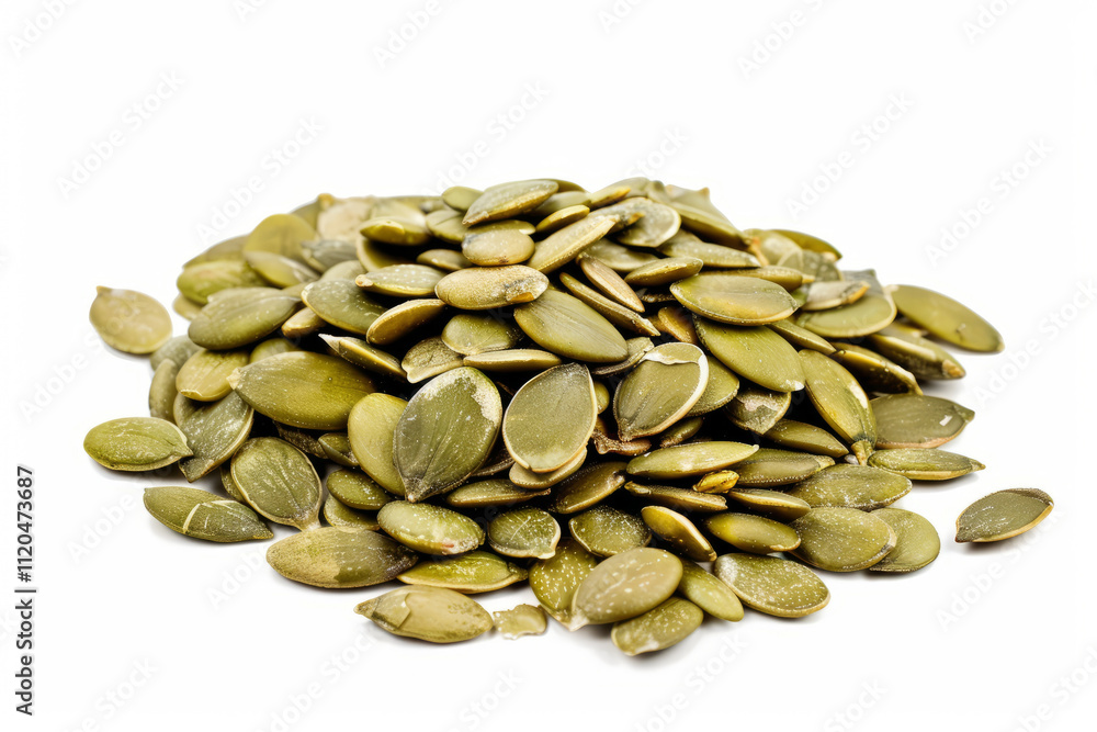 Heap of green pumpkin seeds isolated on white background Heap of green pumpkin seeds isolated on white background