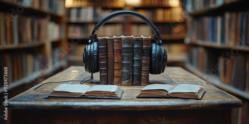 Audio Integration in Publishing: Books with Headphones in Library Setting for Diverse Content Reach photo