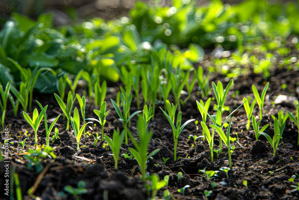 Fresh green plants on the field in spring. Rows of young plants. Fresh green plants on the field in spring. Rows of young plants.
