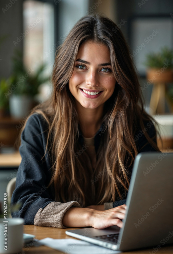 A young woman with long brown hair working on a laptop in an office setting.
A young woman with long brown hair working on a laptop in an office setting.
