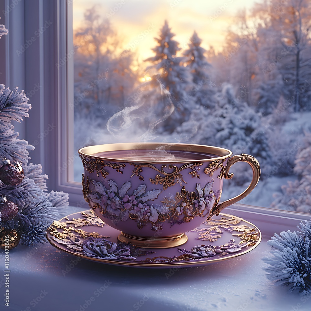 Winter scene highlighting an elegant purple tea cup with stunning details picture Winter scene highlighting an elegant purple tea cup with stunning details picture