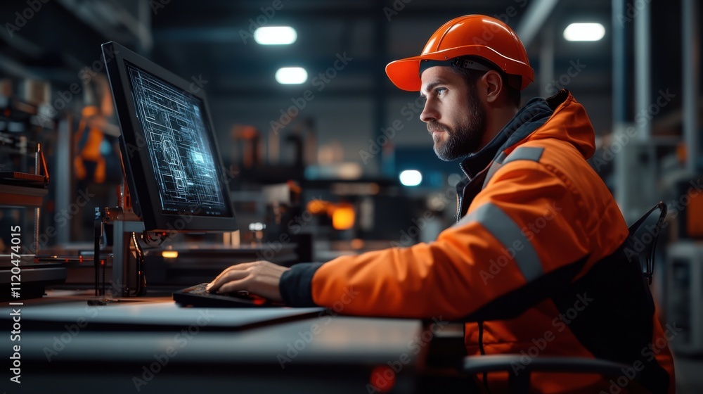 Worker in Safety Gear Concentrating on Computer Screen in Industrial Setting, Showcasing Modern Technology and Engineering Design in Factory Environment Worker in Safety Gear Concentrating on Computer Screen in Industrial Setting, Showcasing Modern Technology and Engineering Design in Factory Environment