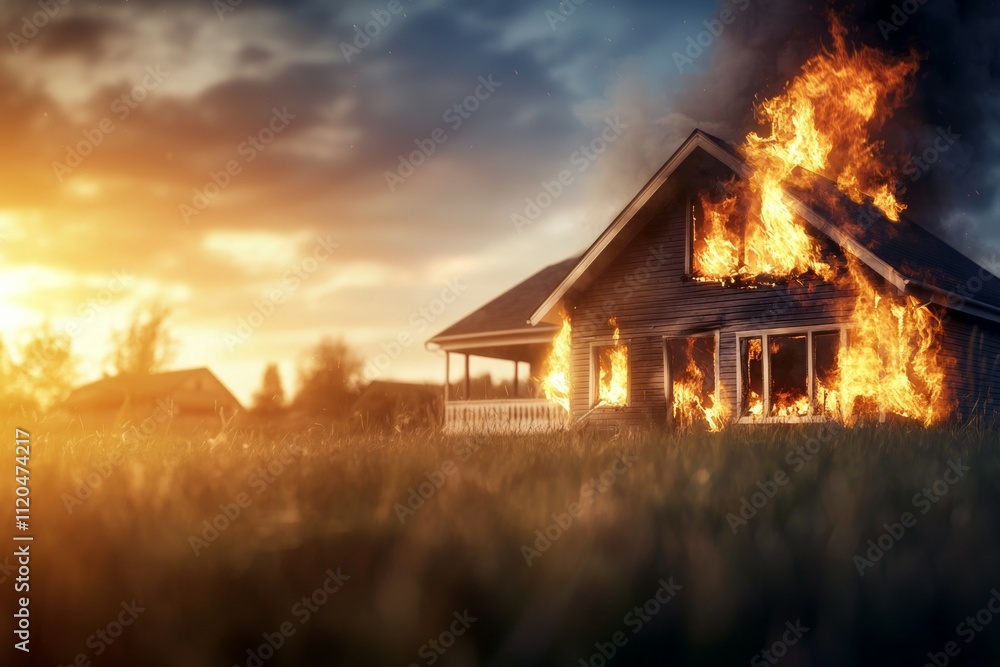 A house is on fire with the sun setting in the background A house is on fire with the sun setting in the background