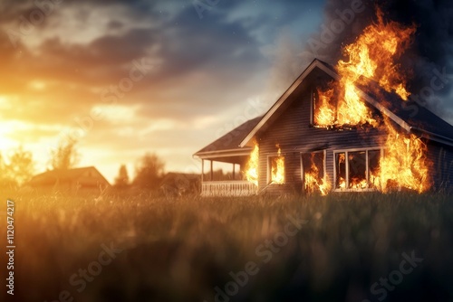 A house is on fire with the sun setting in the background