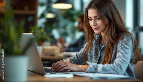 A young woman with long brown hair working on a laptop in an office setting.